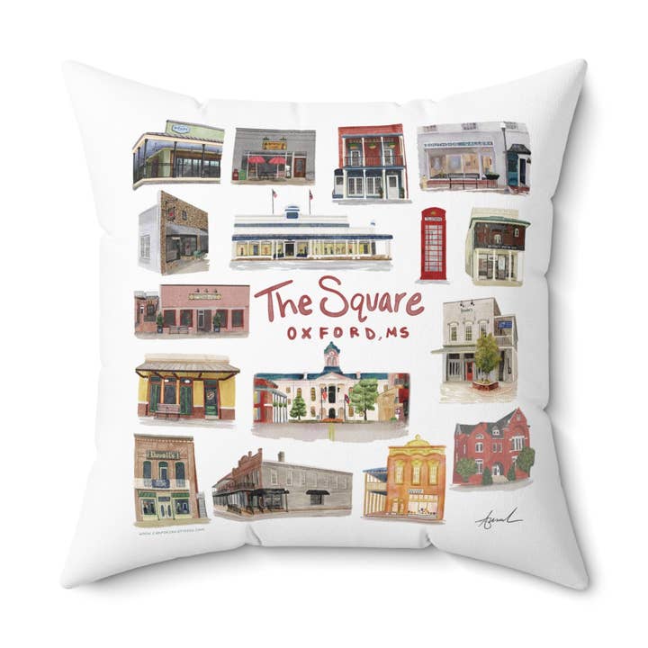 Coussin artistique à l'aquarelle Oxford Mississippi The Square Collage pour la vente par Carper Creative Co.