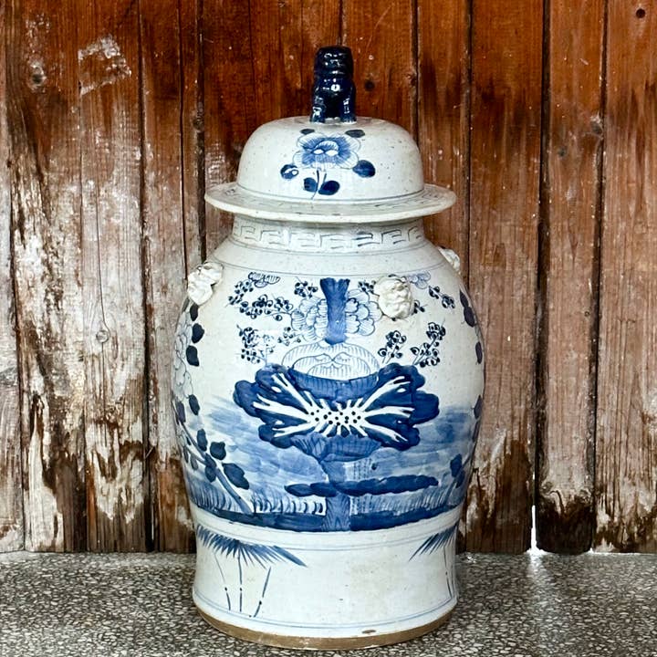 Extra Large Blue & White Four Seasons Porcelain Temple Jar for wholesale by Cobalt Guild