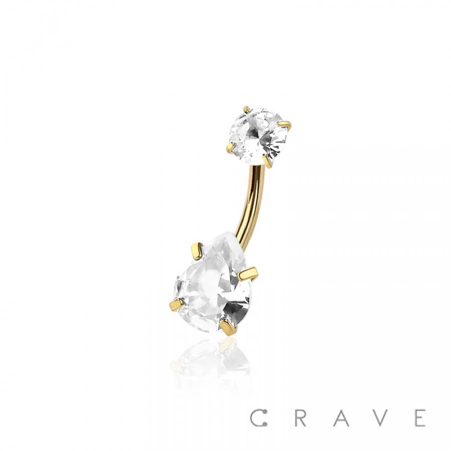 CRAVE - Wholesale Belly Ring - ROUND CZ TOP AND TEARDROP CZ PRONG SET CZ 316L SURGICAL STEE1