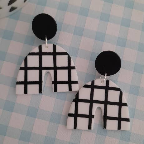 Grid pattern monochrome polymer clay statement earrings for wholesale by House of Hetty