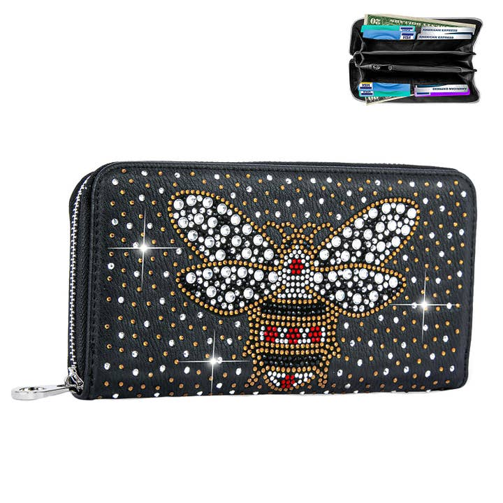 SP Sophia Collection - Wholesale Wallet - Women's - Rhinestone Studded Bee Accordion Style Zipper Wallet