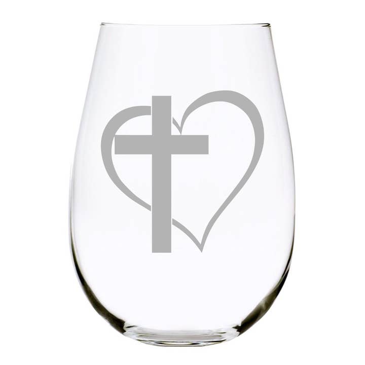 Verre à vin sans pied en forme de cœur avec croix, 17 oz, cristal sans plomb pour la vente par C&M Personal Gifts