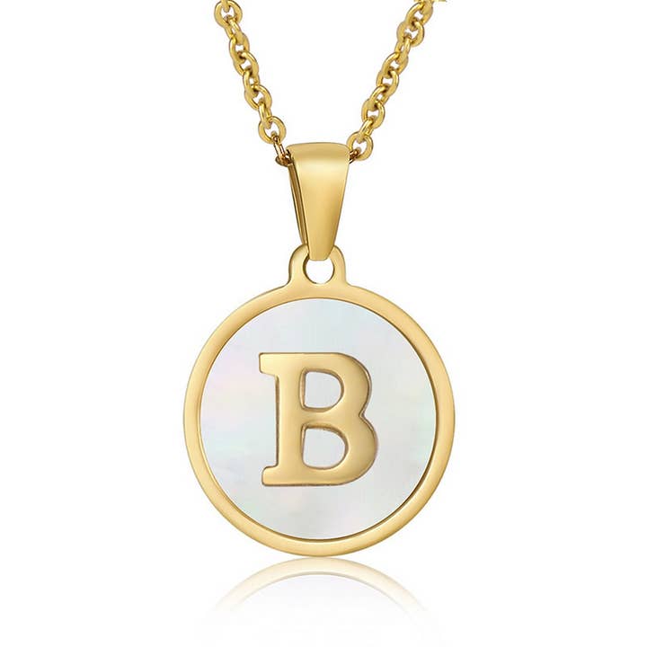 NINEXIS - Wholesale Pendant/Charm Necklace - CWAJE1934_Round Stainless Steel White Shell Letter Necklace