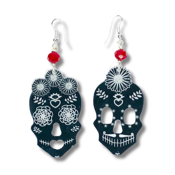 Sugar Skull Catrina Silver Acrylic Earrings for wholesale by anamarinastudio