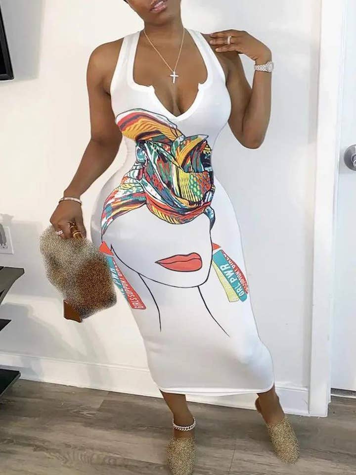 figure print plunge thick strap midi dress for wholesale by Fashion Combination