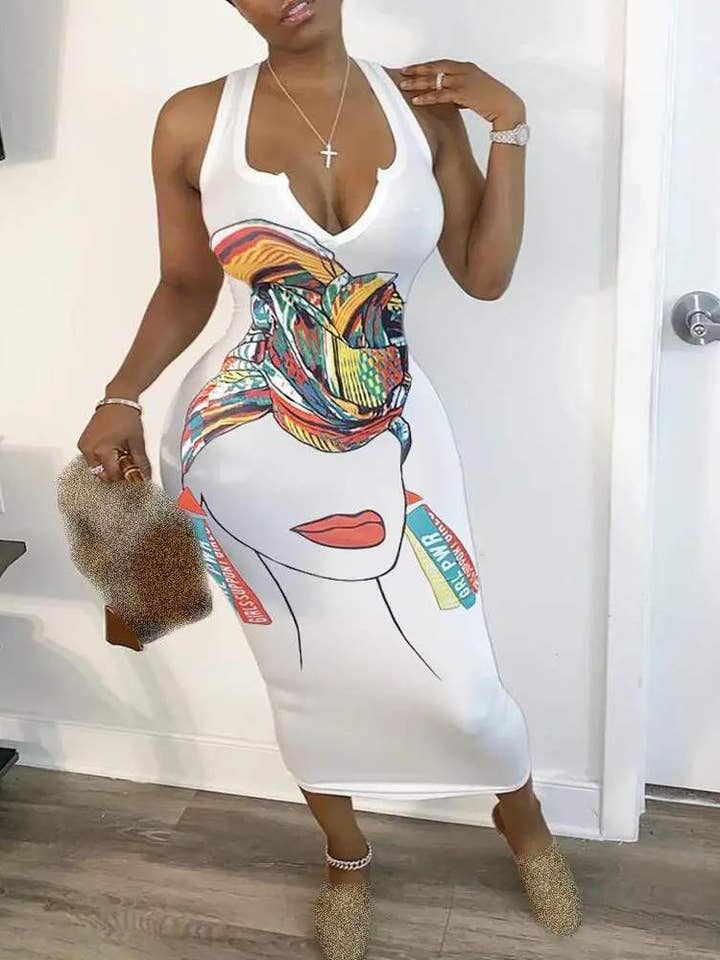 Fashion Combination - Wholesale Dress - Women's - figure print plunge thick strap midi dress