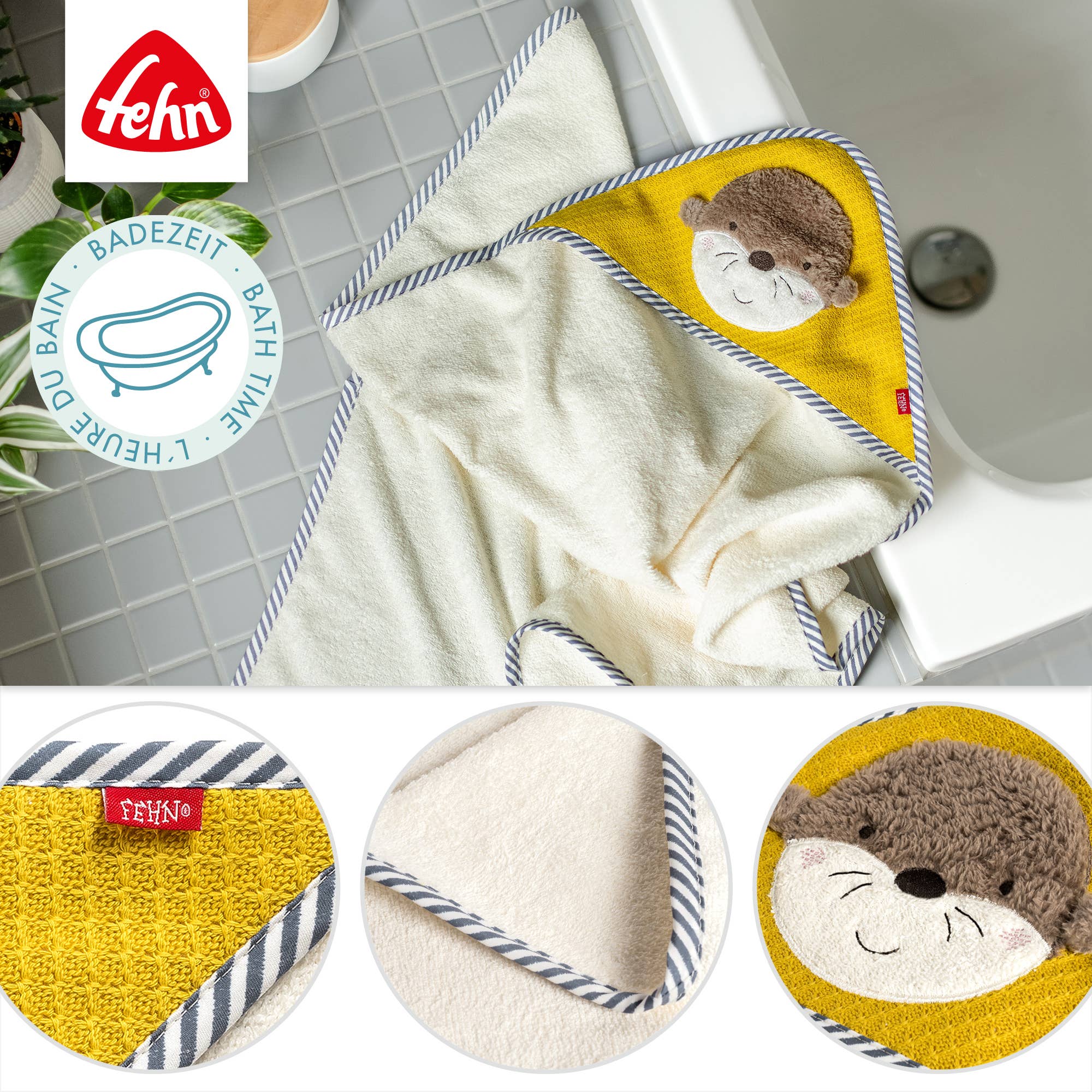 Fehn – Toalha com capuz - Crianças e bebés por atacado – Toalha de banho com capuz de lontra – poncho absorvente de algodão felpudo4