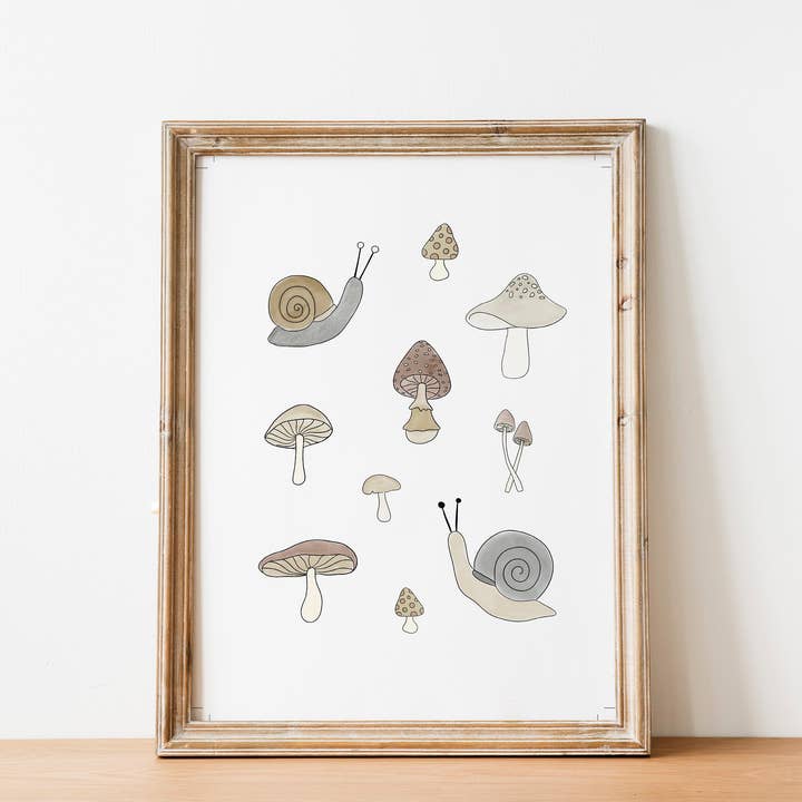 Illustrated Earthy Wild Mushroom & Snails Art Print for wholesale by Abate Graphics