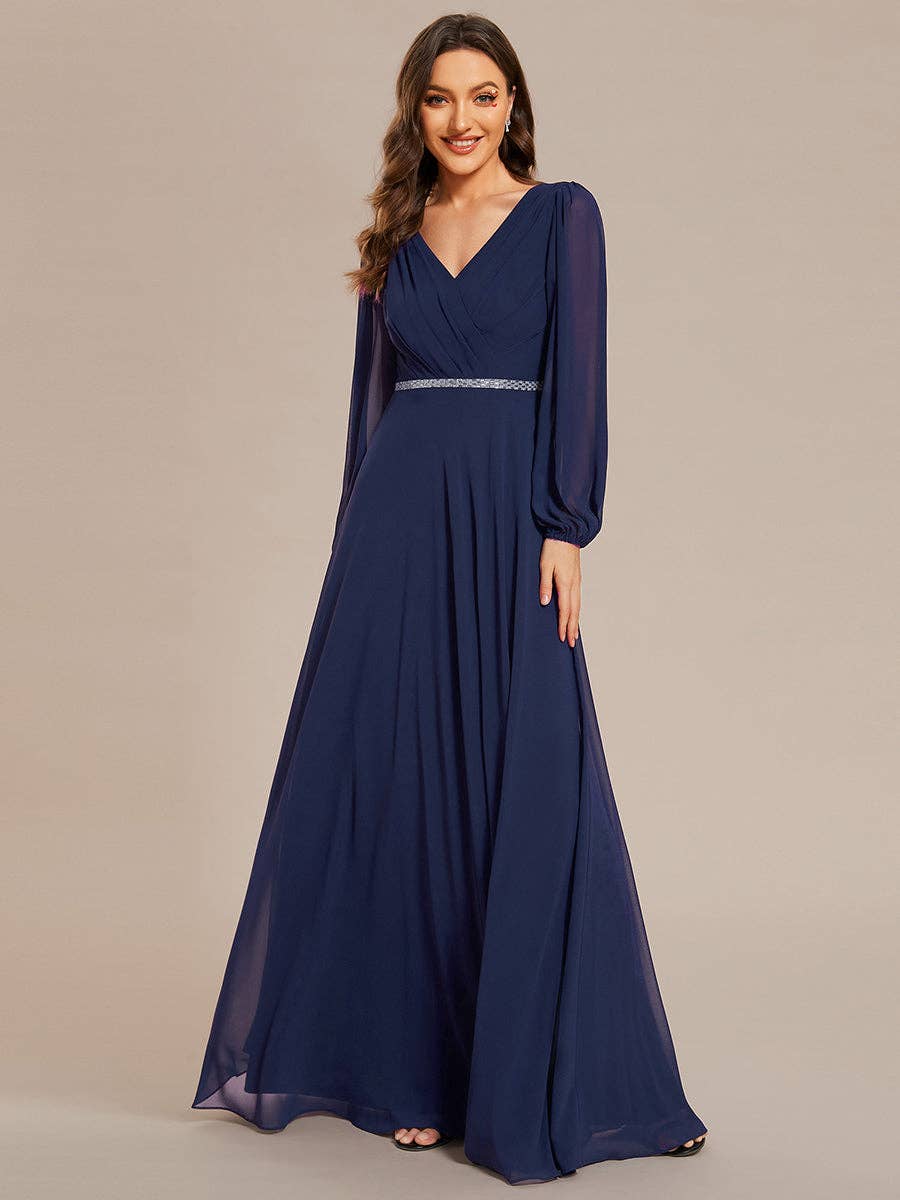 Ever-Pretty - Wholesale Gown - Women's - Elegant waisted chiffon V-neck Long Sleeve guest Dress12