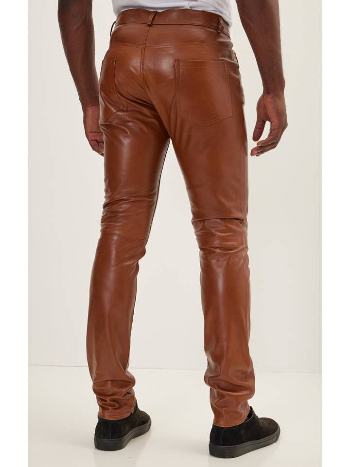 MARROM Calça de Pele de Cordeiro Genuína Masculina - Castanho para venda a revendedores na Faire3