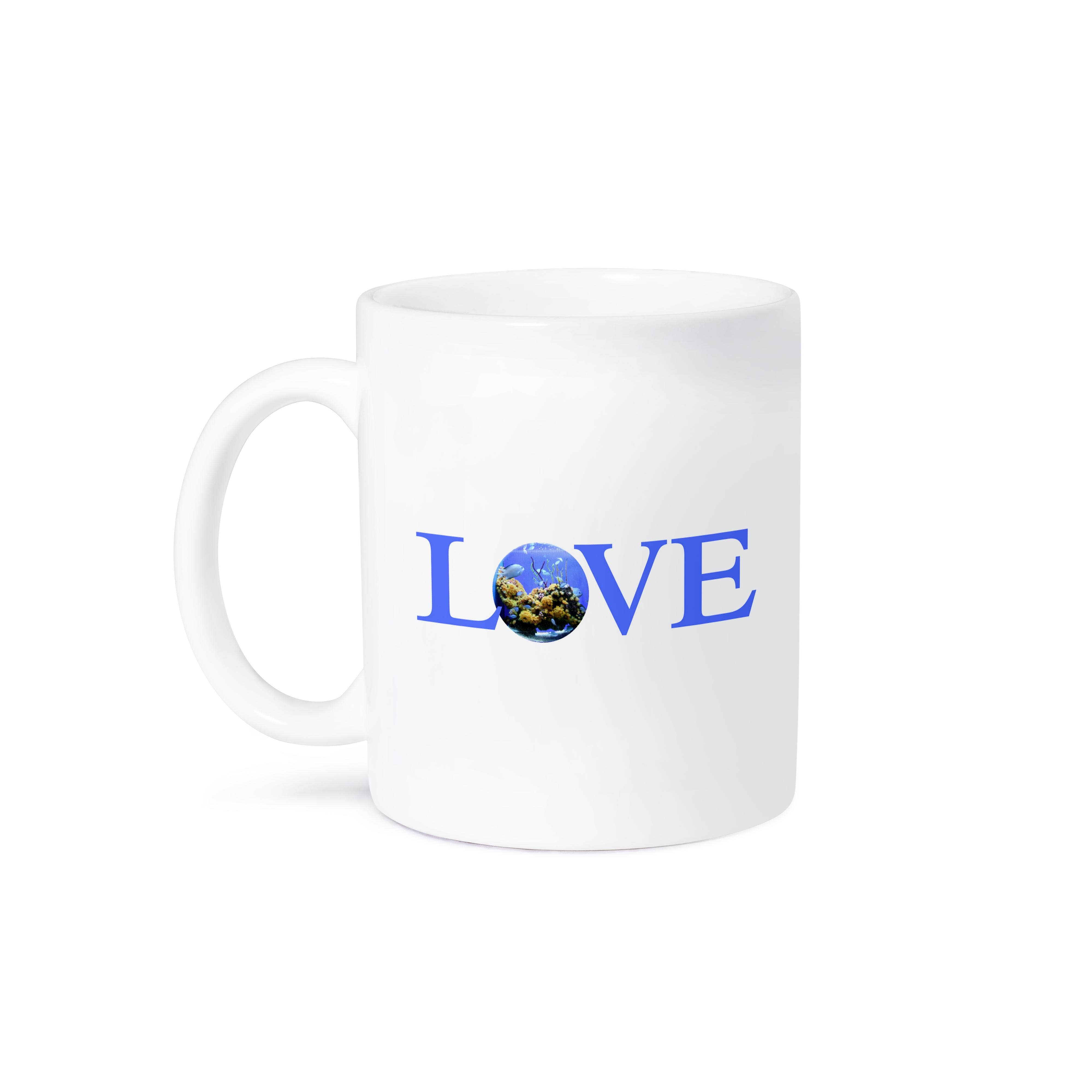 3dRose - Wholesale Coffee Mug - 3dRose, Love Fish - text with fish bowl for O blue aquarium with yellow coral, Mug8