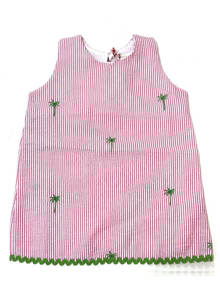 Vestido Seersucker rosa para meninas com palmeiras bordadas verdes por atacado de Piping Prints