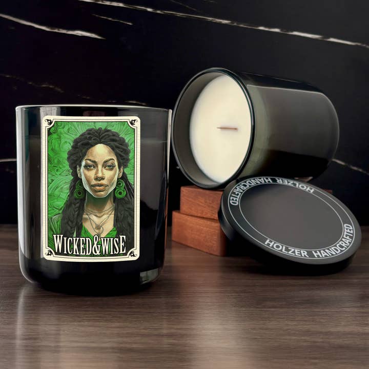 Wood Wick Candle WICKED & WISE - Lemon + Lilac Leaves + Juniper Scented | Coconut Soy Wax | 12oz Glass Vessel with Metal Lid | Handmade | Non-toxic Phthalate-free Luxury Fragrance - Cinematic Legends: Iconic Characters, Reimagined in Fragrance for wholesale by Holzer Handcrafted ®