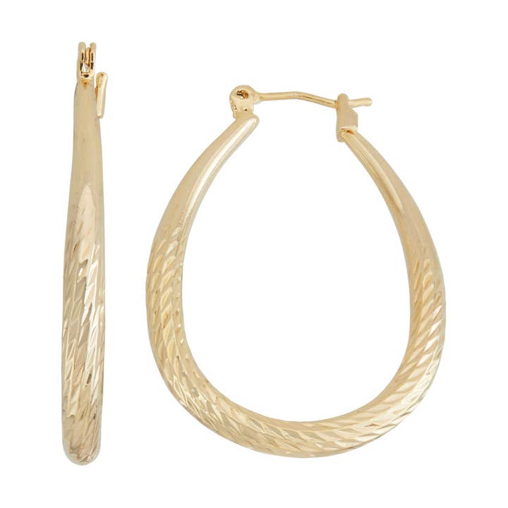 Gold Plated Tapered & Dia Cut 40mm Oval Hoop Earrings for wholesale by Luxe on Main LLC