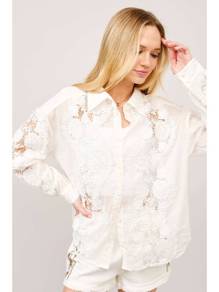 OFF WHITE 41001T - Crochet Lace Linen Blend Button-Up Blouse for wholesale on Faire2