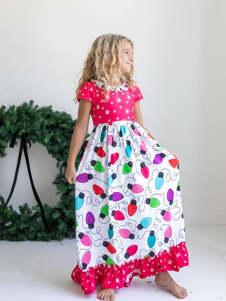 Oopsie Daisy - Wholesale Nightdress - Kids - Kids Christmas Holiday Lights Ruffle Lounge Play Gown