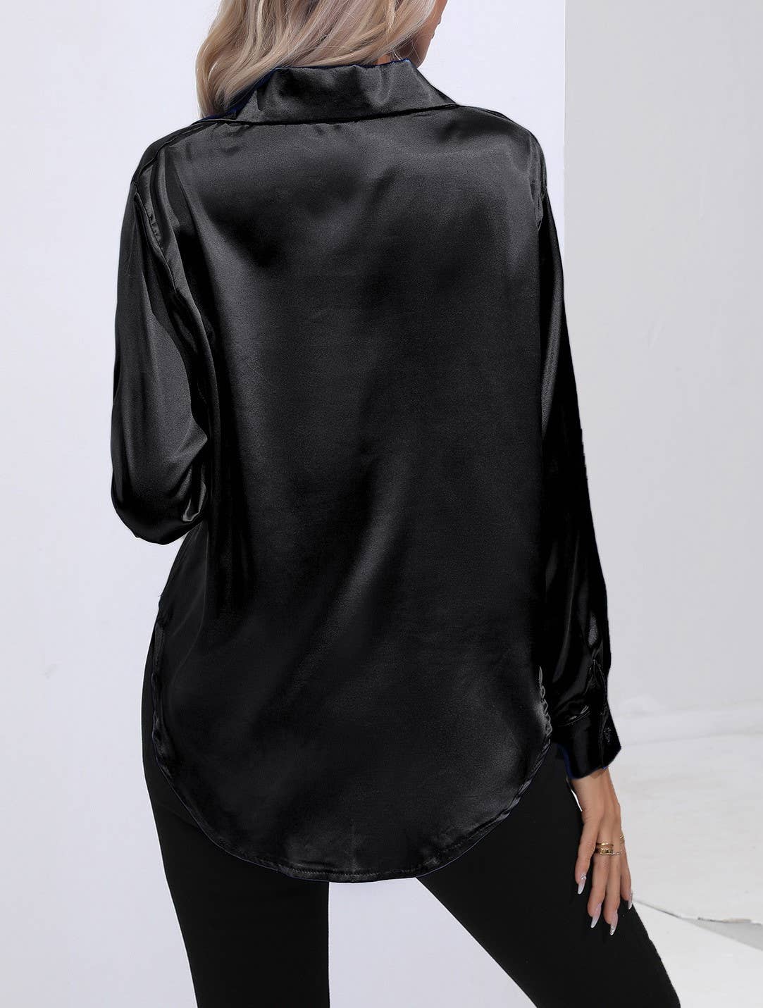 HIDDENBRAND - Wholesale Button Down Shirt - Women's - Satin Faux Silk Long-Sleeved Shirt4