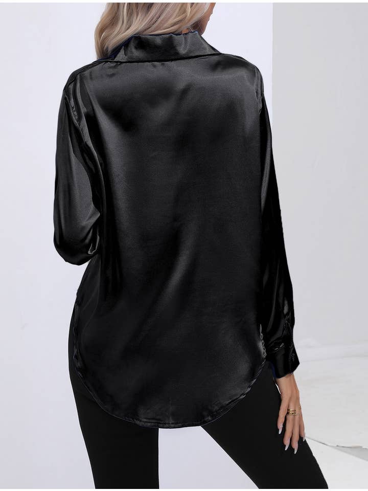 HIDDENBRAND - Wholesale Button Down Shirt - Women's - Satin Faux Silk Long-Sleeved Shirt4