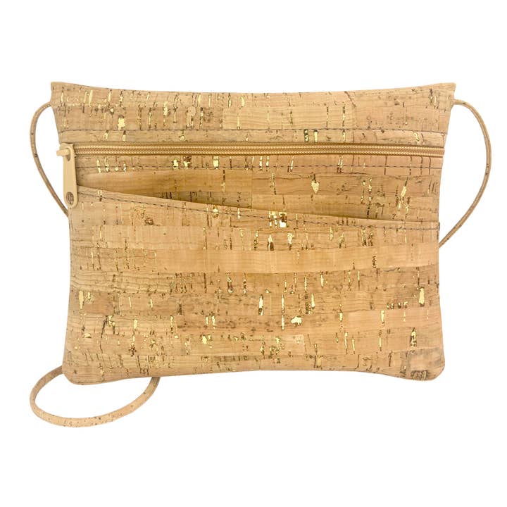 Sac à bandoulière et sac banane convertibles en liège | Liège moucheté doré pour la vente par Natalie Therese