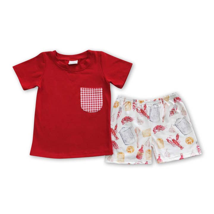 Yawoo Garments - Wholesale Top & Short Set - Kids - Red pocket shirt crawfish corn shorts boy clothing set