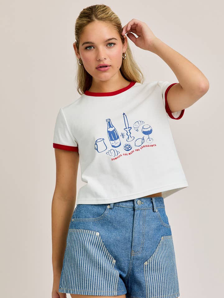 WHITE RED SUNDAYS ARE MADE FOR CROISSANTS CONTRAST TRIM BABY TEE for wholesale on Faire