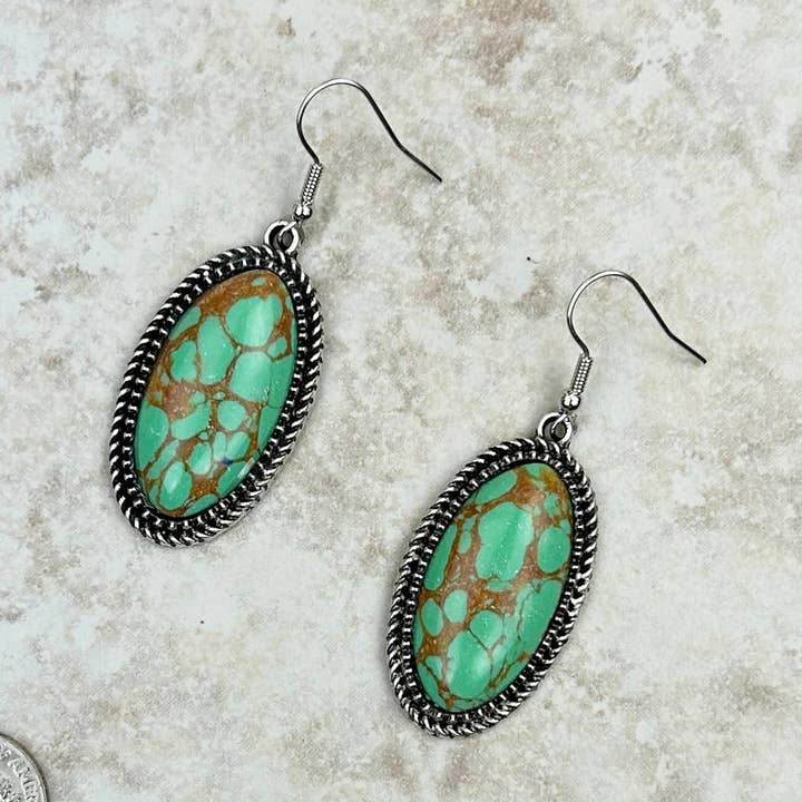 Silver Dangle Earrings with Green Oval Stone for wholesale by Western Elite Jewelry