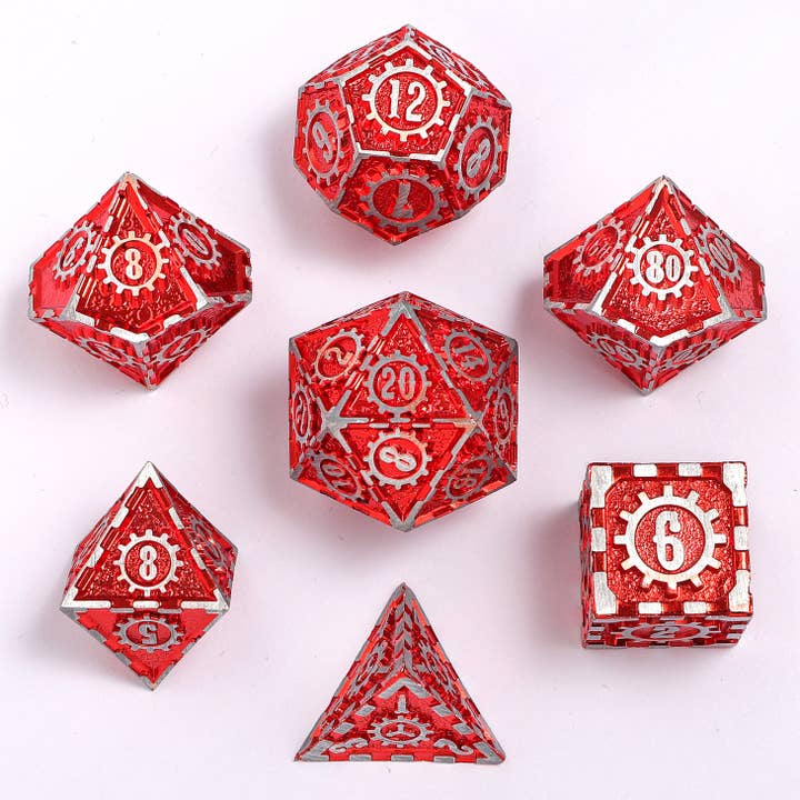 Solid Metal Gear Dice Polyhedral Dice Set - Matte Silver and Red for wholesale by Hymgho Premium Dice