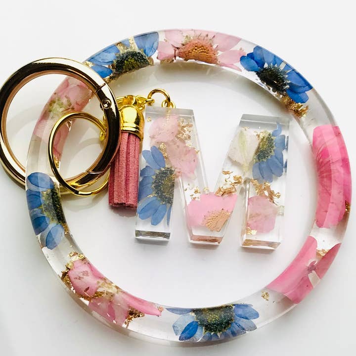 Blue & Pink Floral Keychain Bangle Bracelet Set for wholesale by Shop Drip Express
