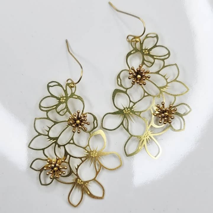 Brass Cherry Blossom/Dogwood Flower Inspired Earrings for wholesale by Sara Sela Jewelry