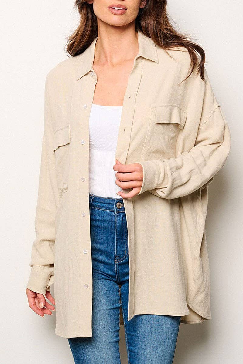 ROUSSEAU - Wholesale Button Down Shirt - Women's - BUTTON UP FRONT POCKETS OVERSIZED SHIRT7