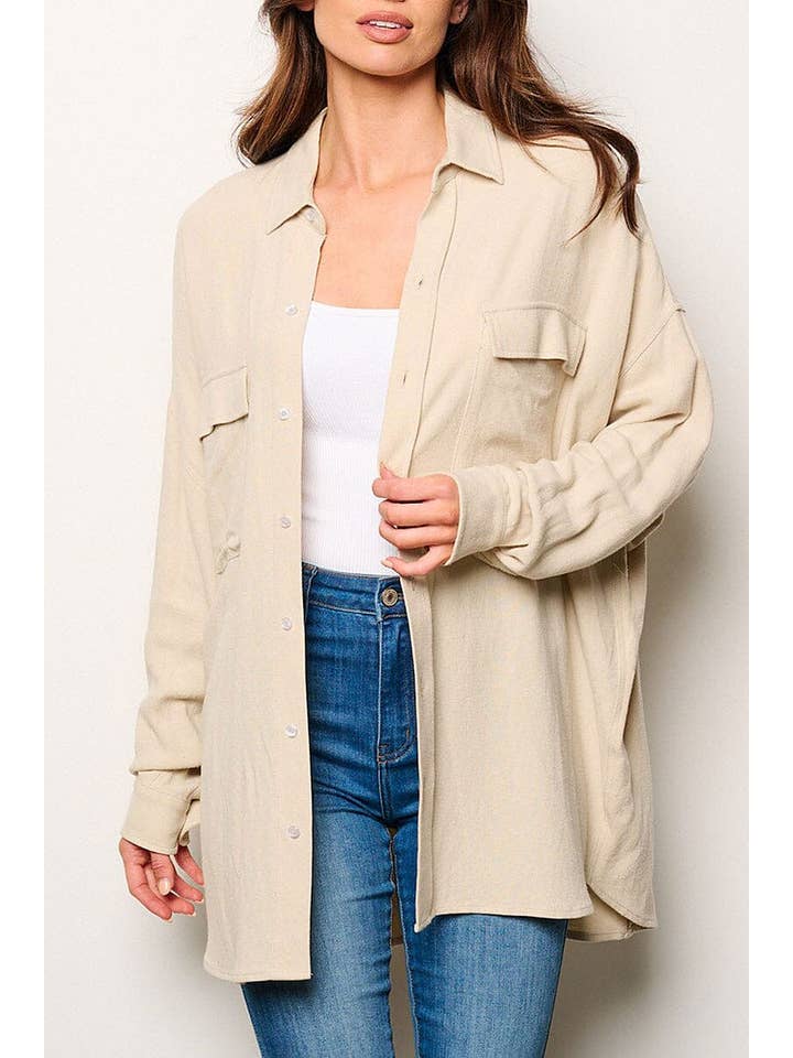 ROUSSEAU - Wholesale Button Down Shirt - Women's - BUTTON UP FRONT POCKETS OVERSIZED SHIRT7