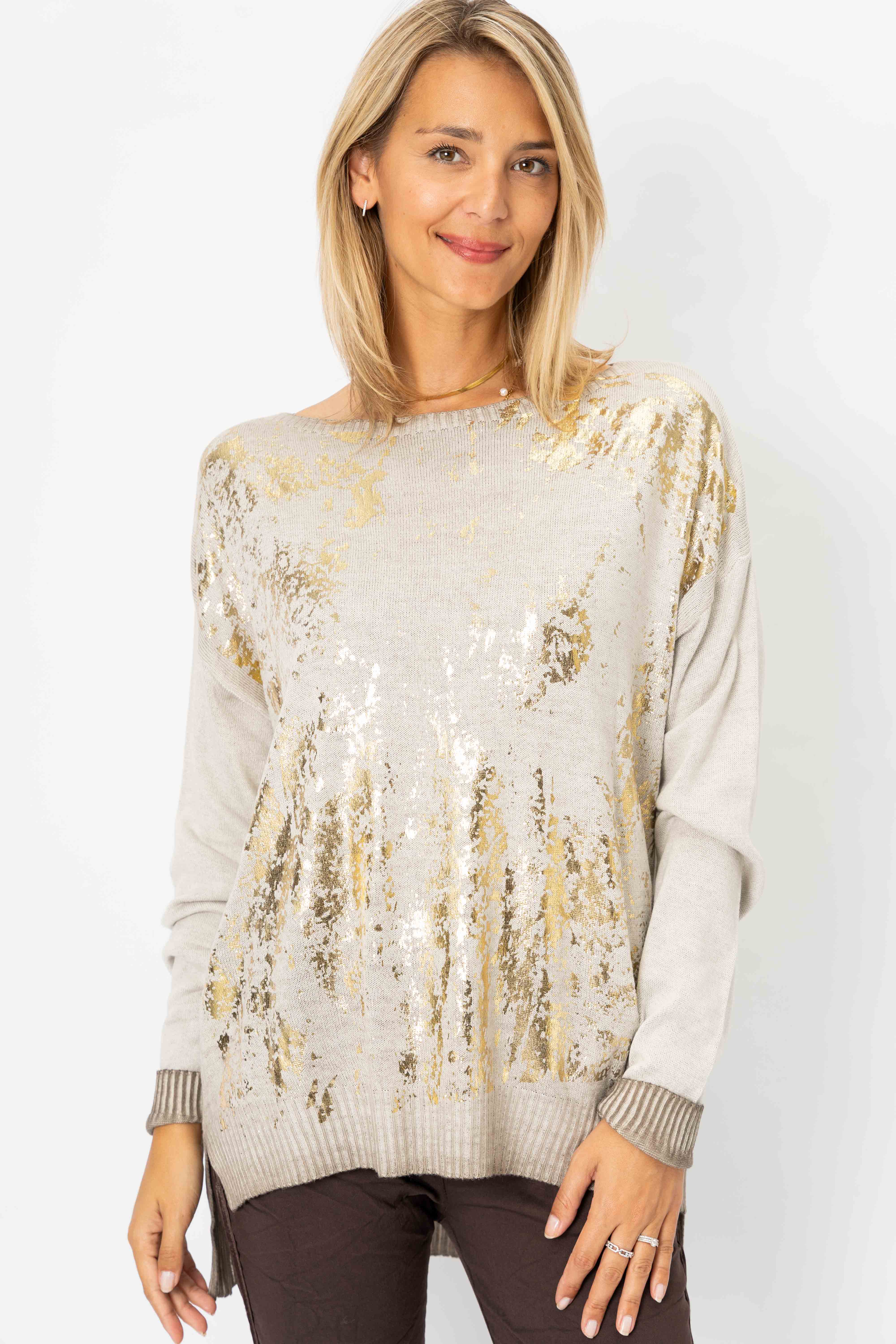 Look Mode Usa - Vente Pull en maille – femme - Pull en feuille d'or1