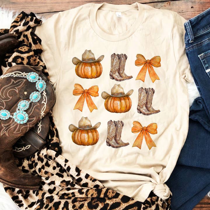 Cowboy Boots, Pumpkins & Bows Shirt - natural for wholesale by Sunfire Tees