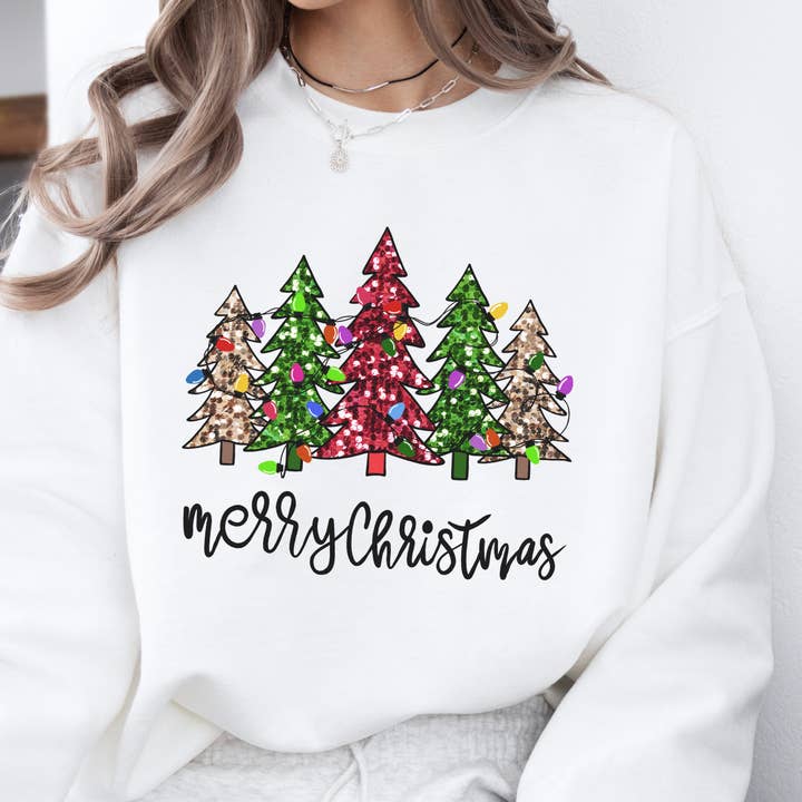 ATTA TOOD LLC - Wholesale Graphic Sweatshirt - Women's - Merry Christmas women's sweatshirt, Sparkling trees, Top