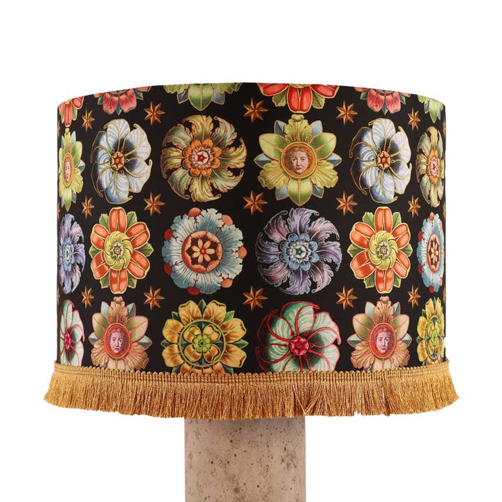 DRUM LAMPSHADE 30X20CM WITH ROSETTE FRINGE for wholesale by Voglio Bene