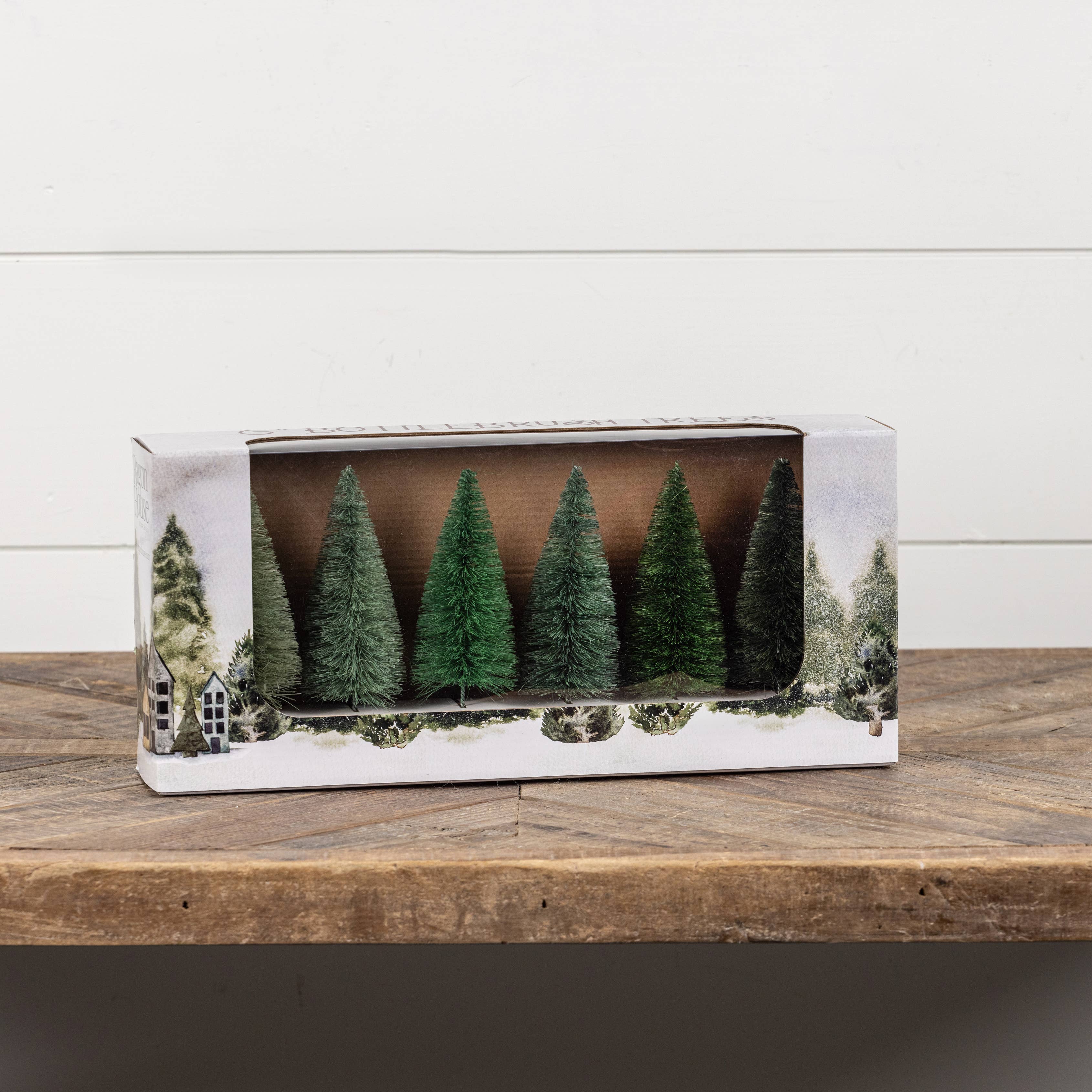 Ragon House - Wholesale Decorative Tabletop Object - SET/6 - 6" GREEN HUES BOTTLE BRUSH TREES1