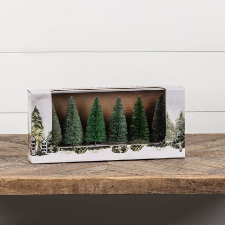 Ragon House - Wholesale Decorative Tabletop Object - SET/6 - 6" GREEN HUES BOTTLE BRUSH TREES1