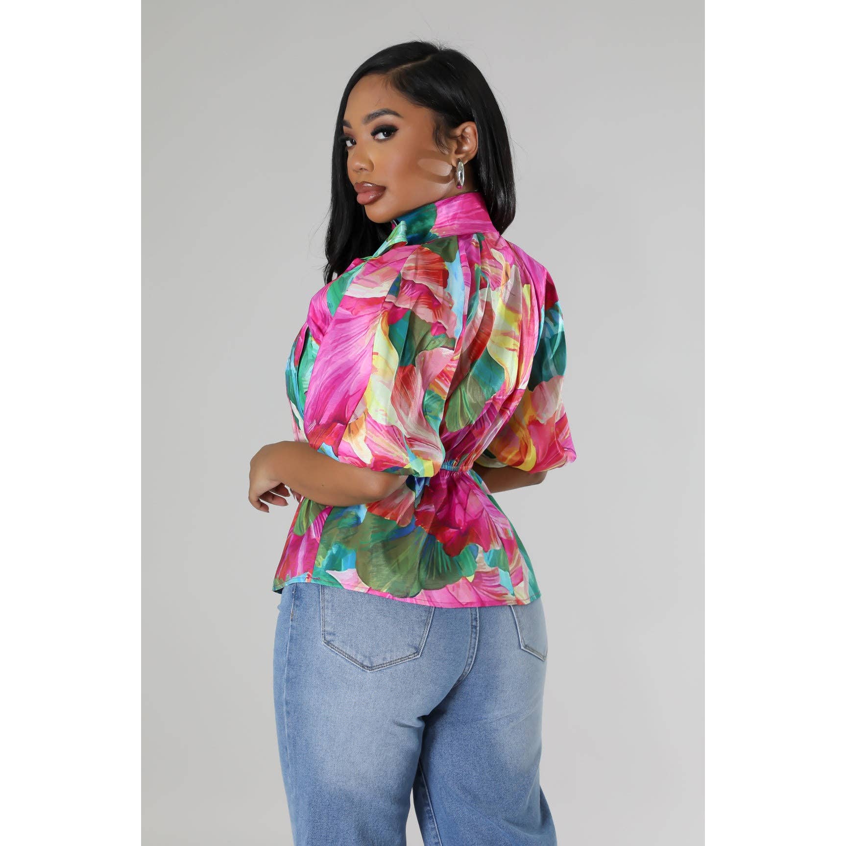 MULTI Short Sleeve Mock Neck Tied Blouse Shirts for wholesale on Faire2