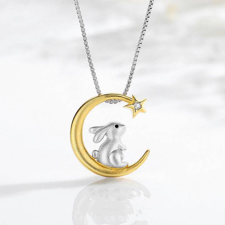 Perimade & Co. LLC - Wholesale Pendant/Charm Necklace - Gold Moon Star Bunny Rabbit Necklace in 925 Sterling Silver