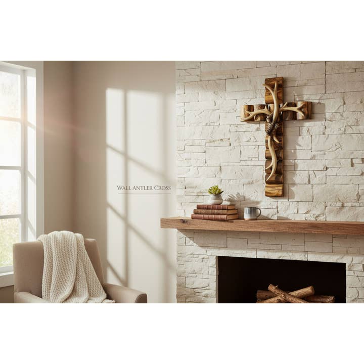 Resin Deer Antler Stacked Wooden Frame Hanging Wall Cross for wholesale by De Leon Collections