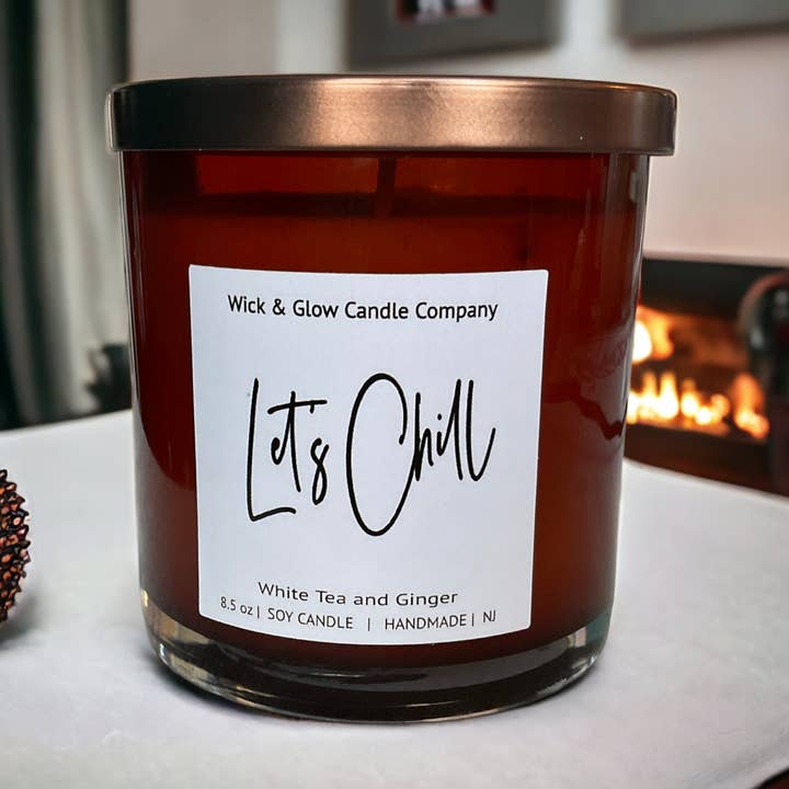 Let's Chill White Tea and Ginger 8.5 oz Soy Wax Candle for wholesale by Wick and Glow Candle Co