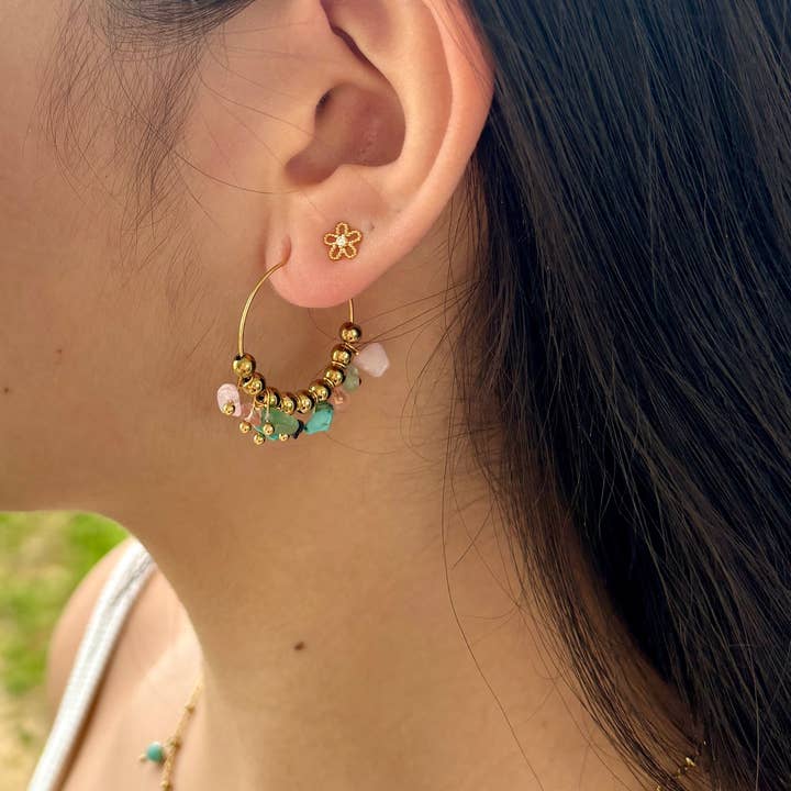 Ocean Ripples - Vente Créoles - Créoles en forme de grappe de pierres précieuses en plaqué or 18 carats1