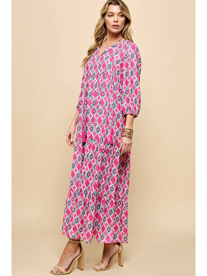 Cezele - Wholesale Dress - Women's - 3/4 Lantern Sleeve Print Boho Maxi Dress12