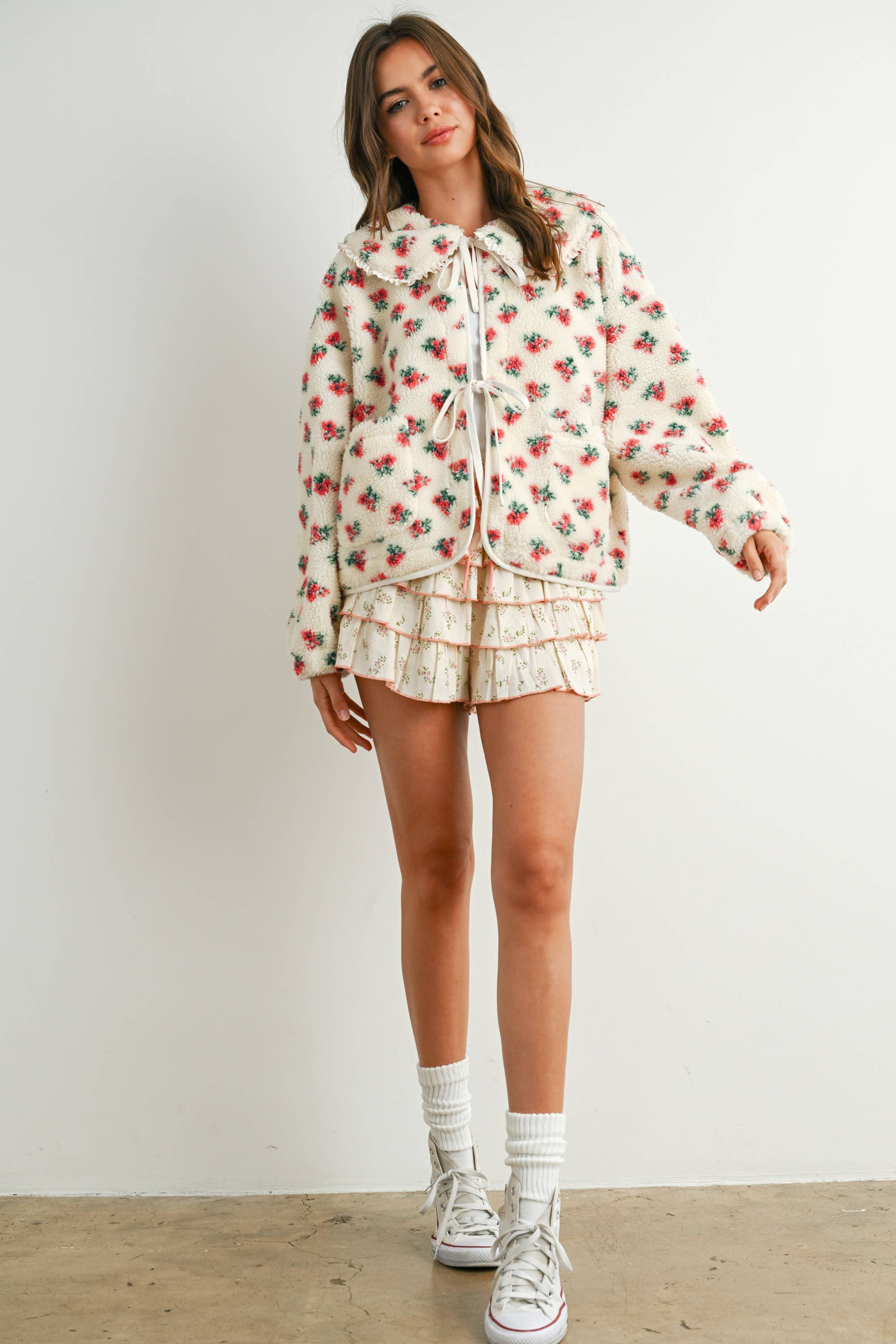 BUTTERMELON - Wholesale Jacket - Women's - Floral Puffy Tie-Front Long Sleeve Jacket - BMJ784117