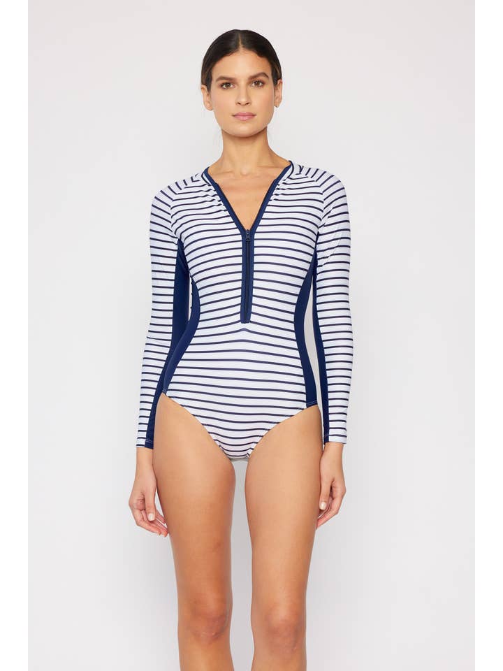 MARINA WEST SWIM - Wholesale Rashguard - Women’s - Long Sleeve Rashguard W/ Zipper-F1814_Stripe Navy