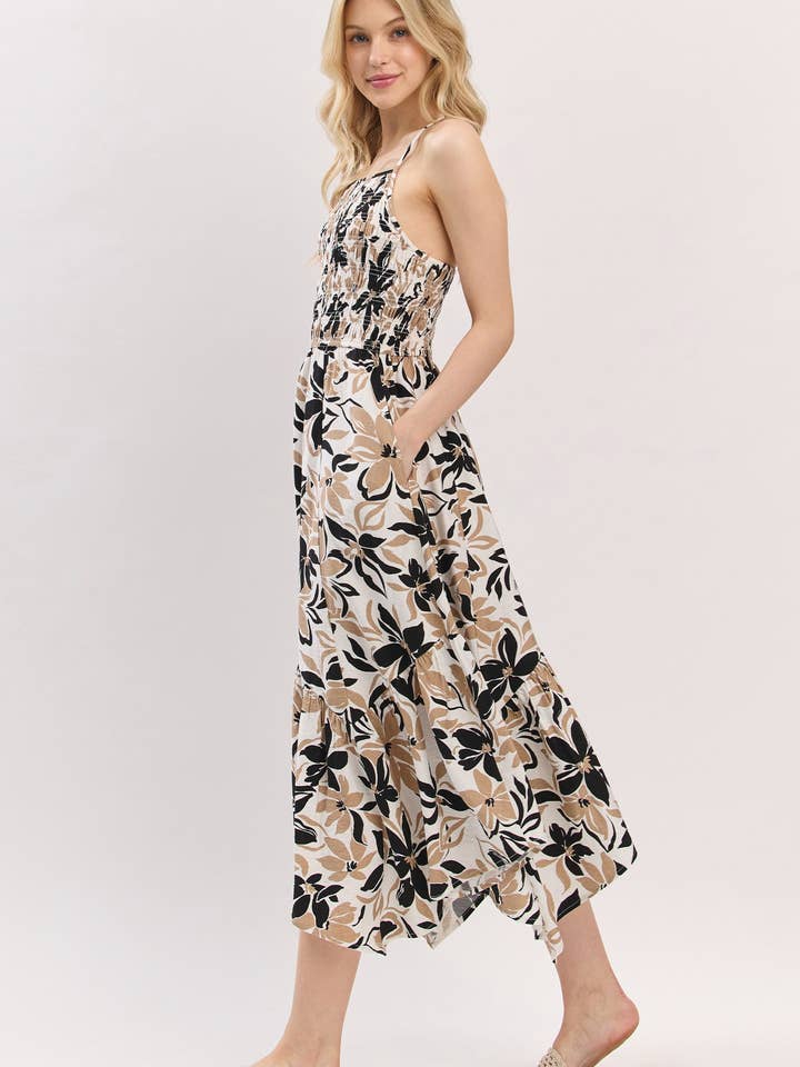 Asymmetrical Hem Smocked Bodice Midi Dress for wholesale by Vanilla Monkey