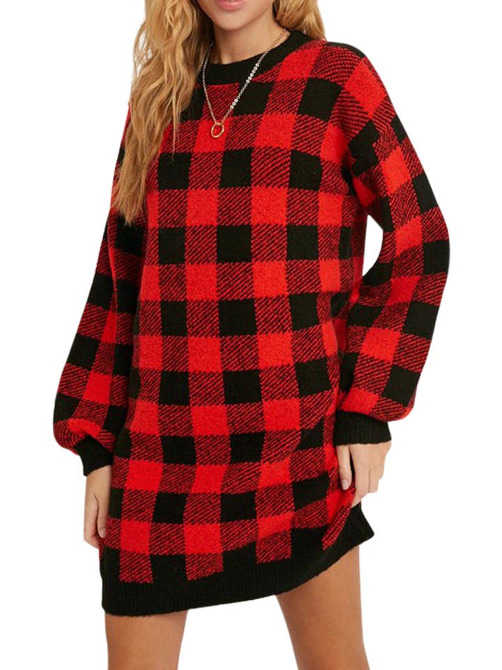 Buffalo Plaid Sweater Tunic Dress for wholesale by Vanilla Monkey