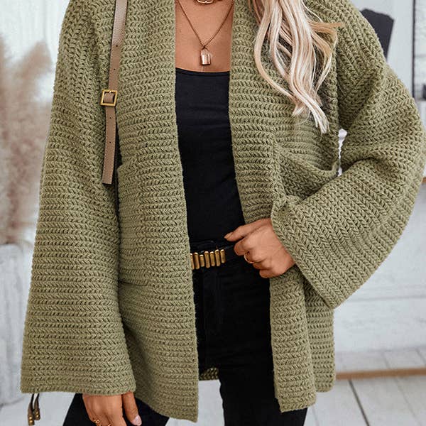 Long Sleeves Loose Pockets Solid Color Split-Joint Collarless Cardigan Tops for wholesale by Sheer Trend