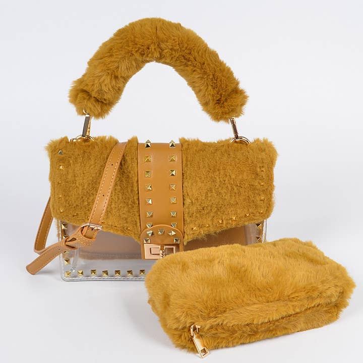 HPC3207 FAUX FUR CLEAR CLUTCH W/ DETACHABLE PURSE for wholesale by 3AM BY H&D ACCESSORIES