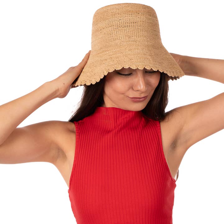 Shebobo - Wholesale Bucket Hat - Unisex - 3" Kate Crochet Bucket Straw Hats W/ Colored Lace Weave Edge